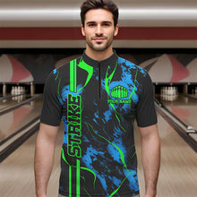 Load image into Gallery viewer, Black, Green And Blue Strike Bowling Quarter Zip Shirts, Custom Mens Bowling Team Shirts IPHW5263