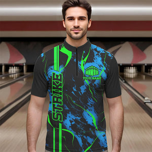 Black, Green And Blue Strike Bowling Quarter Zip Shirts, Custom Mens Bowling Team Shirts IPHW5263