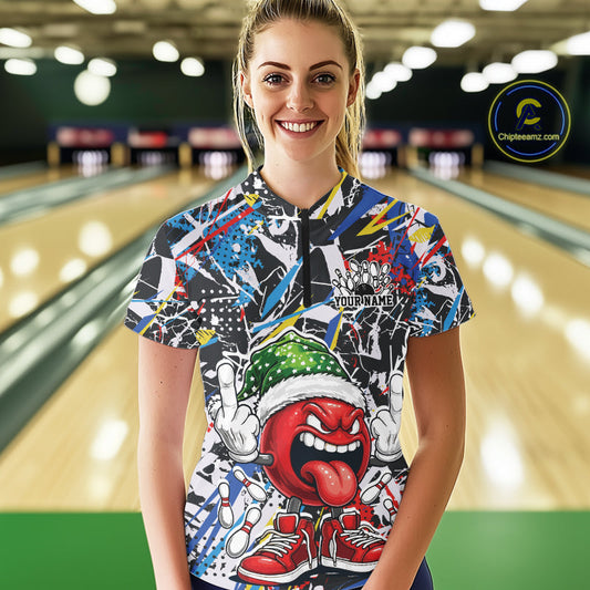 Custom Funny Colorful Christmas Bowling Women Quarter-Zip Shirts, Crazy Ball Xmas Outfit IPHW10133