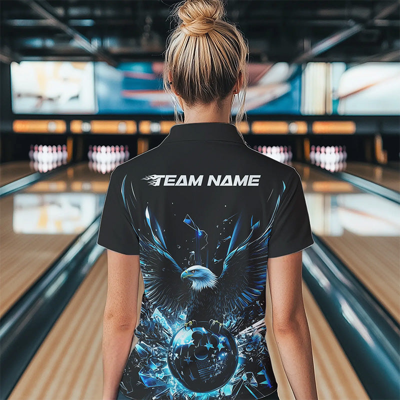 Black And Blue Eagle Break Glass Custom Bowling Polo Shirts For Women, Bowling Team Shirt IPHW8396
