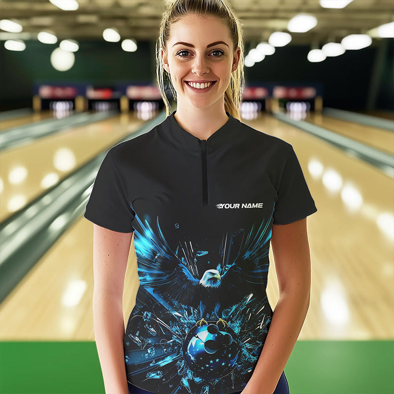 Black And Blue Eagle Break Glass Custom Bowling Quarter-Zip Shirts For Women Team Shirt IPHW8396