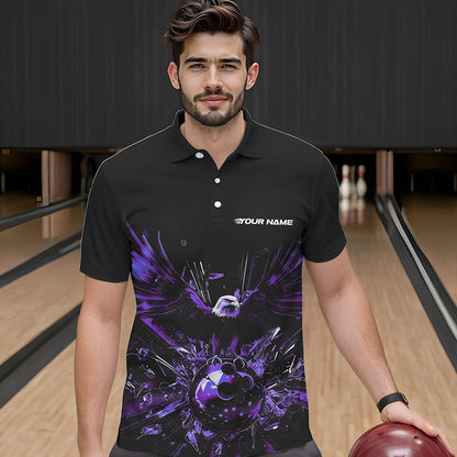 Black And Purple Eagle Break Glass Custom Bowling Polo Shirts For Men, Bowling Team Shirt IPHW8397