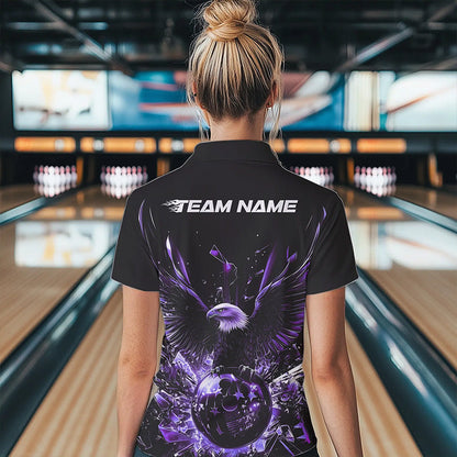 Black And Purple Eagle Break Glass Custom Bowling Polo Shirts For Women, Bowling Team Shirt IPHW8397