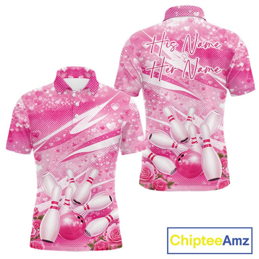 Custom Pink Heart Valentine Bowling Couples Shirt, Heart And Roses Bowling Husband And Wife Gifts With Name IPHW10516