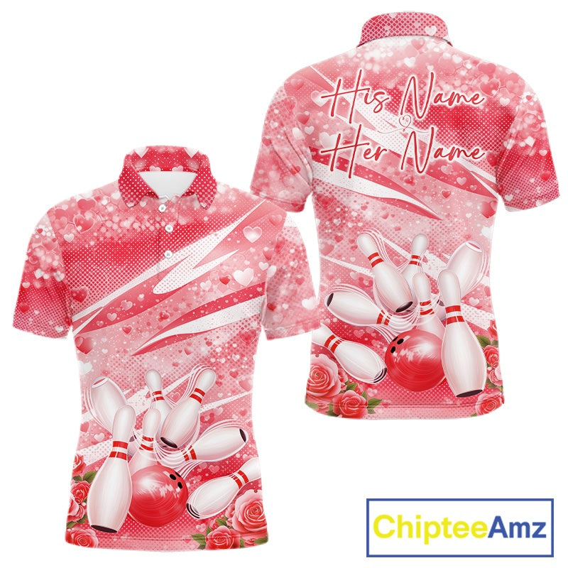 Custom Red Heart Valentine Bowling Couples Shirt, Heart And Roses Bowling Husband And Wife Gifts With Name IPHW10517