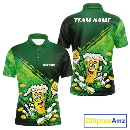 Custom Funny St Patricks Day Beer Bowling Team Shirts, Green Shamrock And Gold Coin Bowling Jerseys IPHW10520