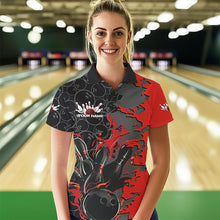 Load image into Gallery viewer, Custom Black And Red Flame Bowling Polo Shirts For Women, Bowling Tournament Team Uniform IPHW8616