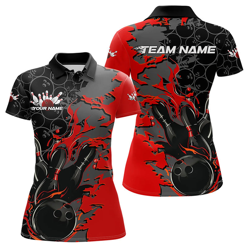 Custom Black And Red Flame Bowling Polo Shirts For Women, Bowling Tournament Team Uniform IPHW8616