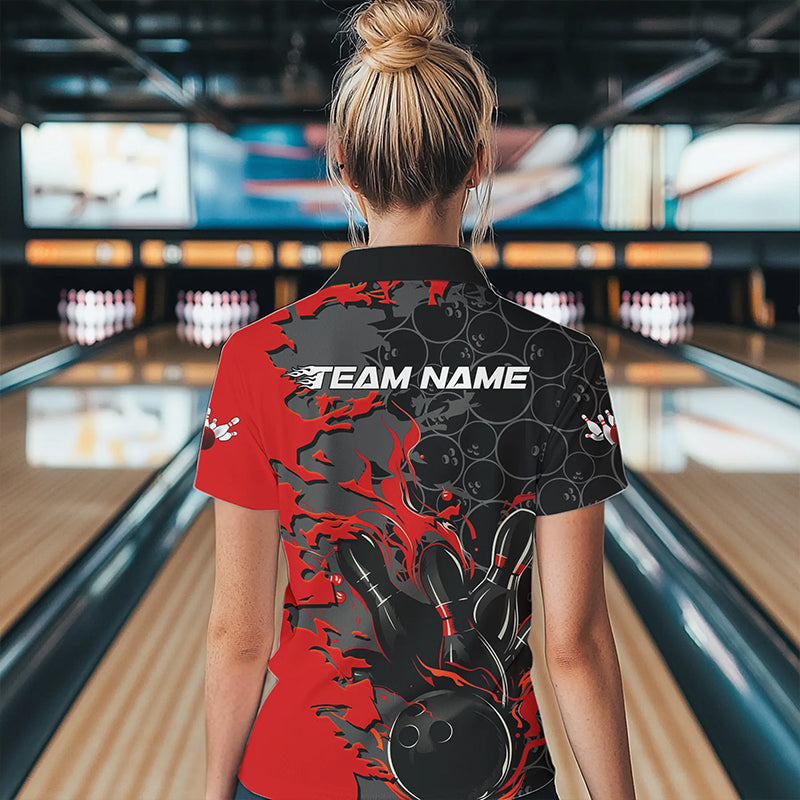 Custom Black And Red Flame Bowling Women Quarter-Zip Shirt, Bowling Tournament Team Uniform IPHW8616