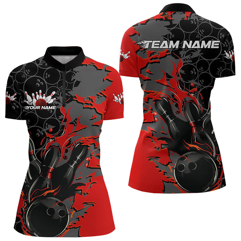 Custom Black And Red Flame Bowling Women Quarter-Zip Shirt, Bowling Tournament Team Uniform IPHW8616