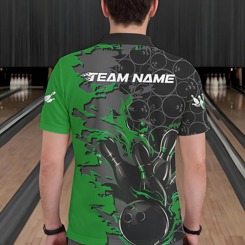 Custom Black And Green Flame Bowling Polo Shirts For Men, Bowling Tournament Team Uniform IPHW8618