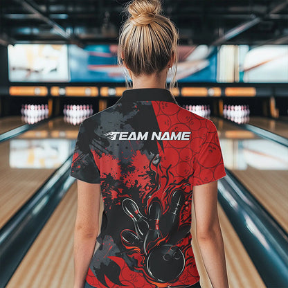 Custom Black And Red Splatter Camo Flame Bowling Womens Quarter-Zip Shirt, Team Uniform IPHW8625