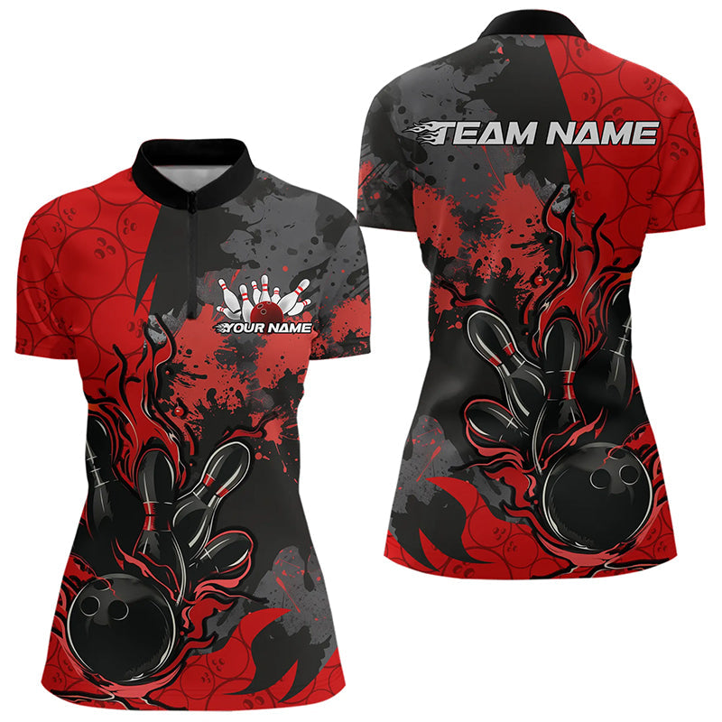 Custom Black And Red Splatter Camo Flame Bowling Womens Quarter-Zip Shirt, Team Uniform IPHW8625
