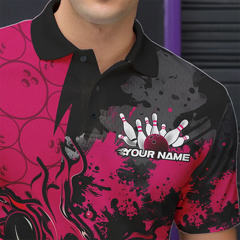 Custom Black And Pink Splatter Camo Flame Bowling Polo Shirts For Men, Bowling Team Uniform IPHW8626