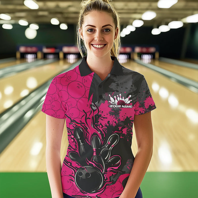 Custom Black And Pink Splatter Camo Flame Bowling Polo Shirt For Women, Team Uniform IPHW8626
