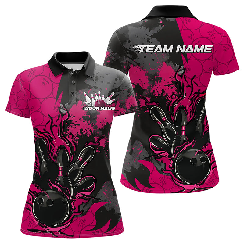 Custom Black And Pink Splatter Camo Flame Bowling Polo Shirt For Women, Team Uniform IPHW8626