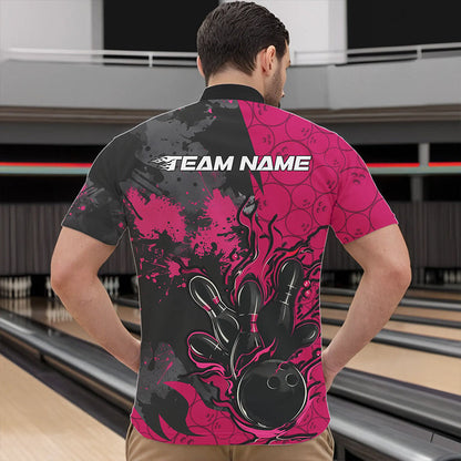 Custom Black And Pink Splatter Camo Flame Bowling Quarter-Zip Shirts For Men, Bowling Team Uniform IPHW8626