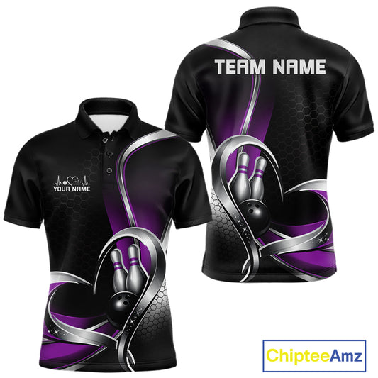 Front and back view of a mens bowling polo shirt mockup in black and purple, featuring a honeycomb pattern with a heart-shaped design around a black bowling ball and pins.