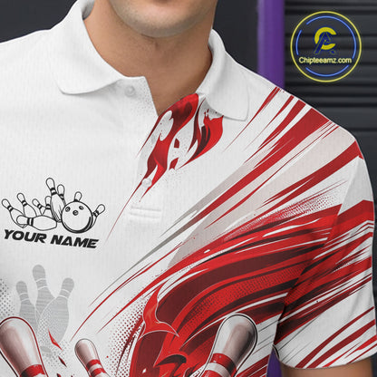 Custom White And Red Flame Bowling Team Jerseys, Bowling League Men Polo Shirt IPHW11642