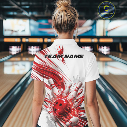 Custom White And Red Flame Bowling Team Jerseys, Bowling League Women Polo Shirt IPHW11642