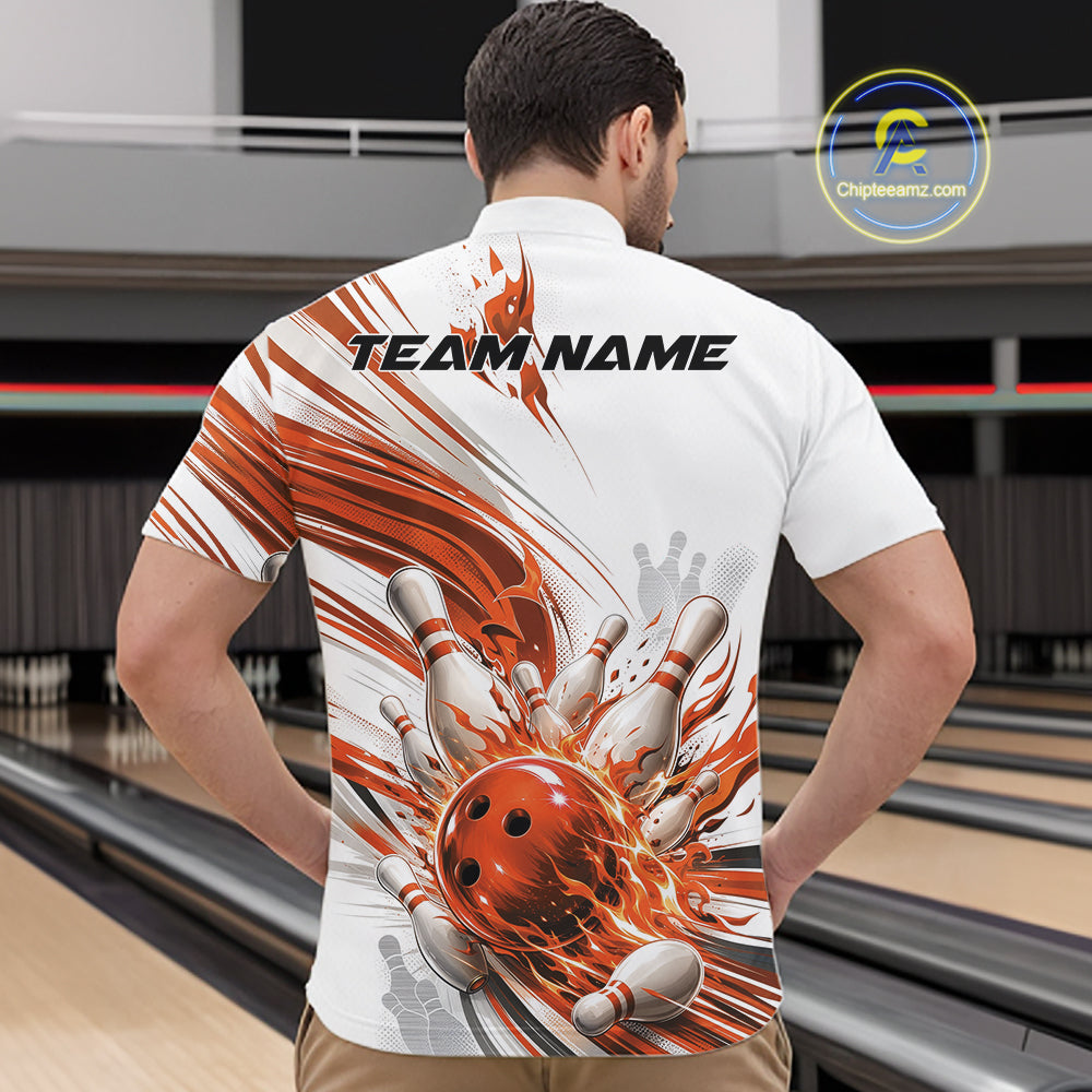 A man viewed from behind wearing a white bowling-themed short-sleeve shirt with a large graphic of a flaming orange bowling ball striking pins, with 'TEAM NAME' printed across the upper back. The background shows a bowling alley interior.
