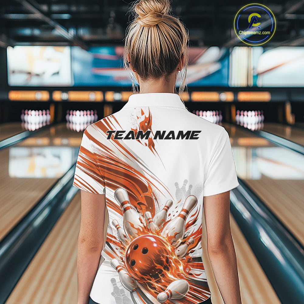 A woman viewed from behind wearing a white short-sleeve bowling-themed polo shirt with a large orange and white graphic print on the back. The shirt features the text 'TEAM NAME' and a bowling ball and pins design.
