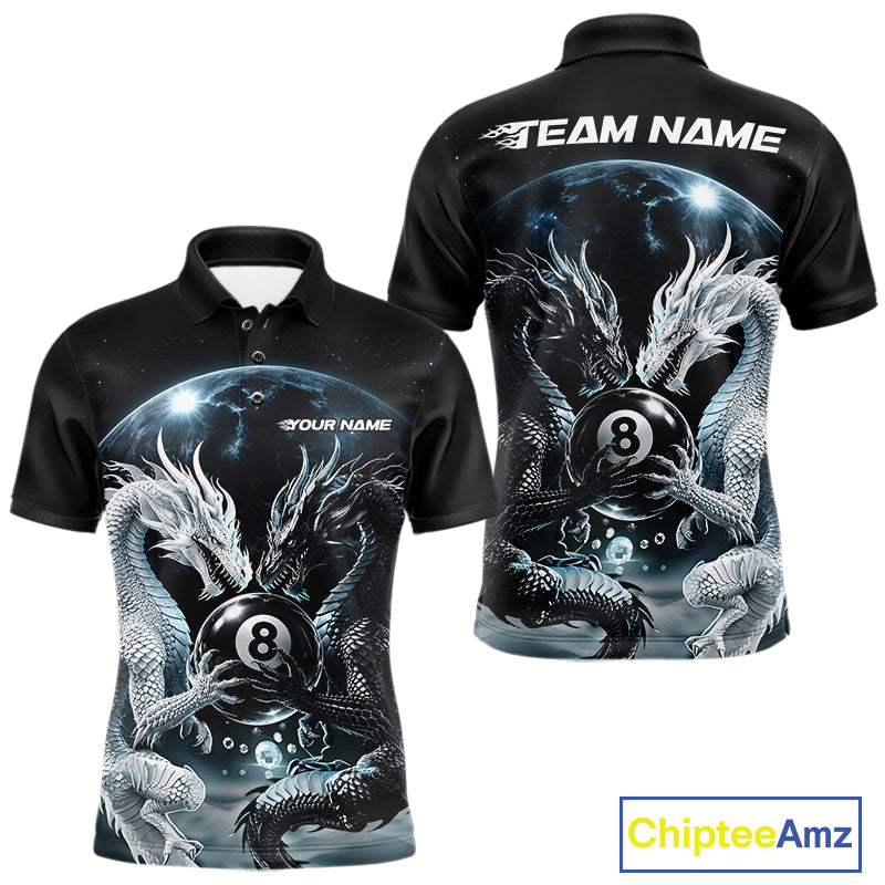 Front and back views of a black short-sleeve polo shirt with an all-over graphic print featuring two white dragons around an 8-ball over a space-themed background. The front shows 'YOUR NAME' and the back shows 'TEAM NAME' in white text.
