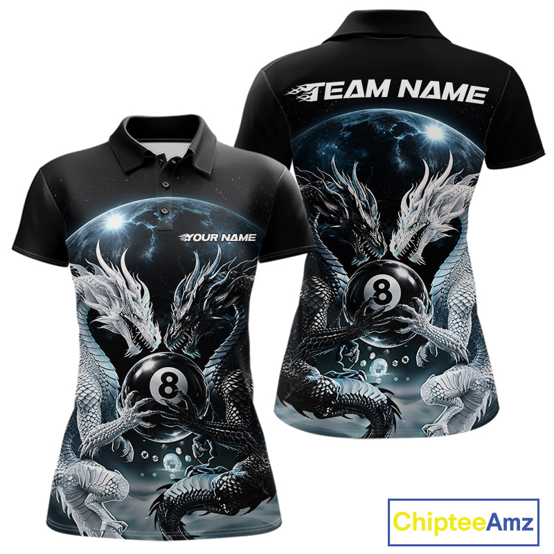Black short-sleeve polo shirt with a detailed 3D dragon and billiards graphic, shown in front and back views on a white background 