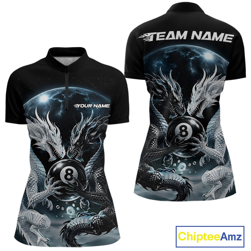 Front and back views of a black short-sleeve shirt with a detailed 3D dragon and billiards graphic. The back features 'TEAM NAME' printed in white at the collar, and the front has 'YOUR NAME' near the chest.