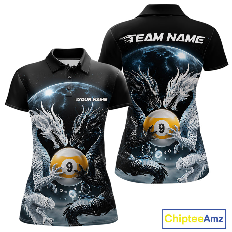 Front and back views of a black short-sleeve polo shirt featuring a detailed graphic print of two white dragons around a yellow billiard 9-ball on a space-themed background. The front has 'YOUR NAME' and 'TEAM NAME' placeholders