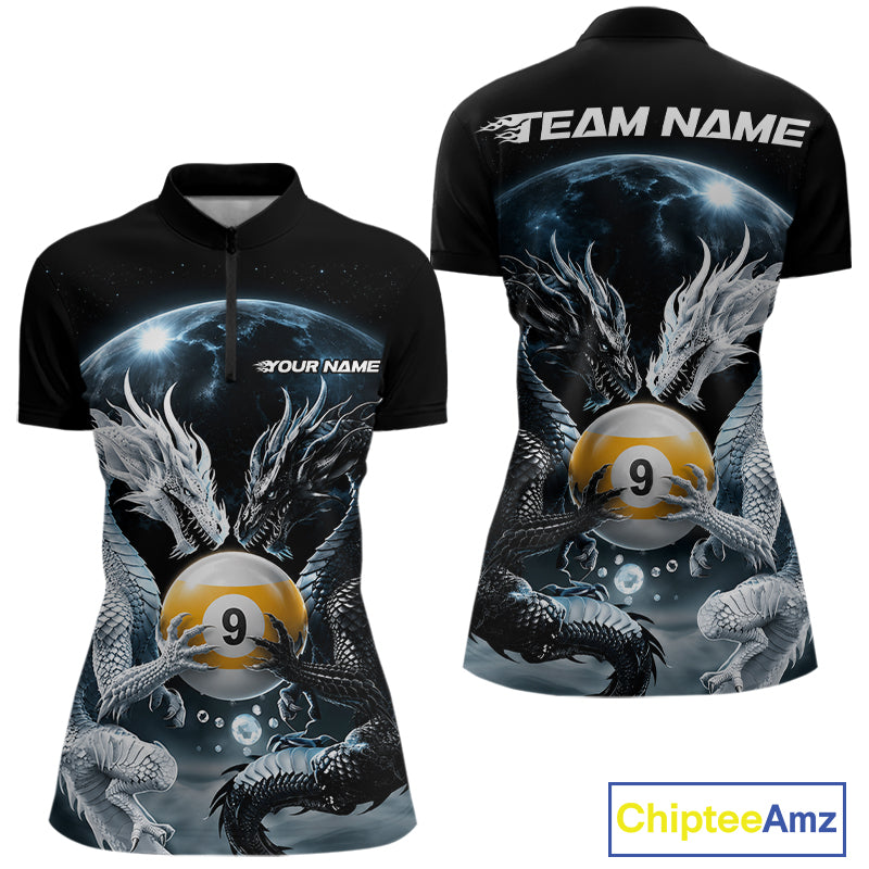 Front and back views of a custom black short-sleeve polo shirt with a full-zip collar. The shirt features a detailed graphic print of two white and black dragons clutching a yellow and black billiard 9-ball, set against a dark space background with stars and a moon.