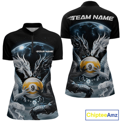 Front and back views of a custom black short-sleeve polo shirt with a full-zip collar. The shirt features a detailed graphic print of two white and black dragons clutching a yellow and black billiard 9-ball, set against a dark space background with stars and a moon.