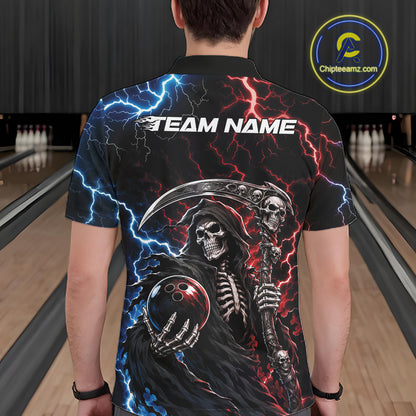 A man viewed from behind wearing a black short-sleeve bowling shirt with a large grim reaper graphic, blue and red lightning, and the text 'TEAM NAME' across the upper back. Bowling lanes are visible in the background