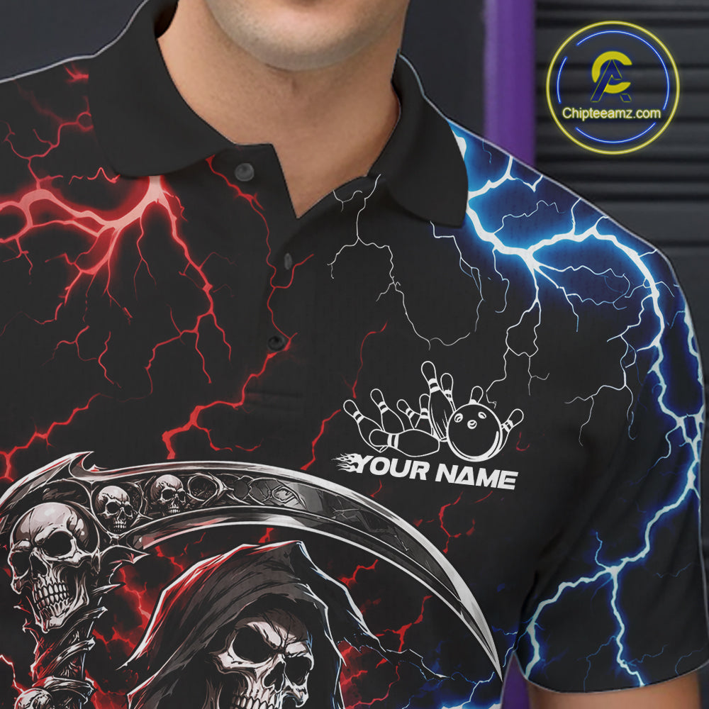A close-up of a black polo shirt with a dramatic graphic design: red lightning on the left side and blue lightning on the right side, with a grim reaper skull and scythe across the lower front and a white 'YOUR NAME' customization area.