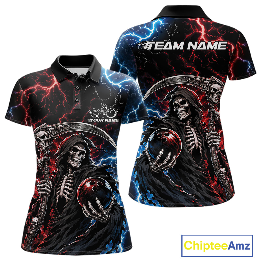 Front and back views of a black short-sleeve polo shirt featuring a Grim Reaper bowling graphic with red and blue lightning effects, customizable text areas, and a ChipteeAmz logo in the bottom right corner.