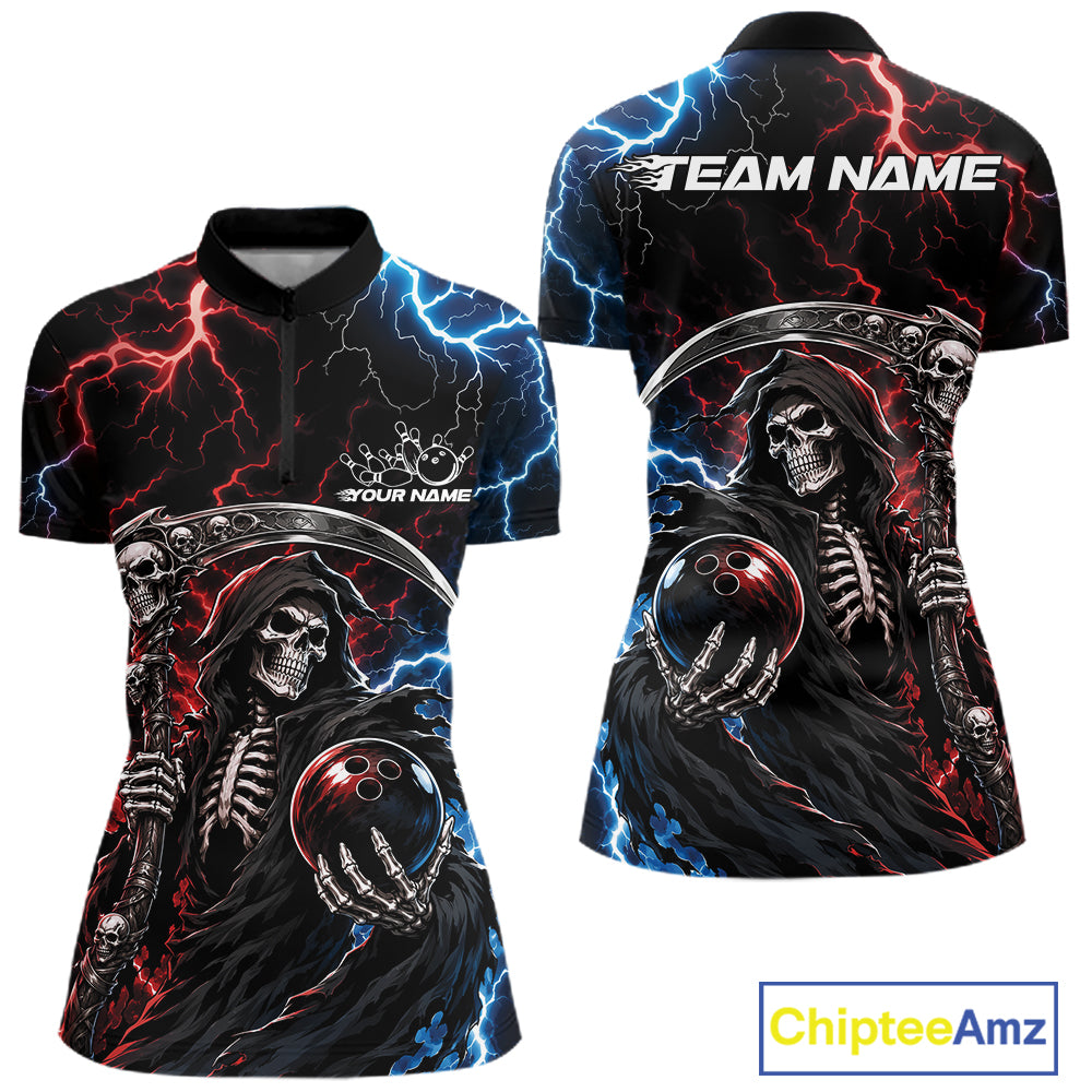 Front and back views of a black short-sleeve qquarter-zip shirt featuring a grim reaper graphic with a skull, red and blue lightning effects, and bowling ball details. The back view shows 'TEAM NAME' text at the collar, and the front shows 'YOUR NAME' text.
