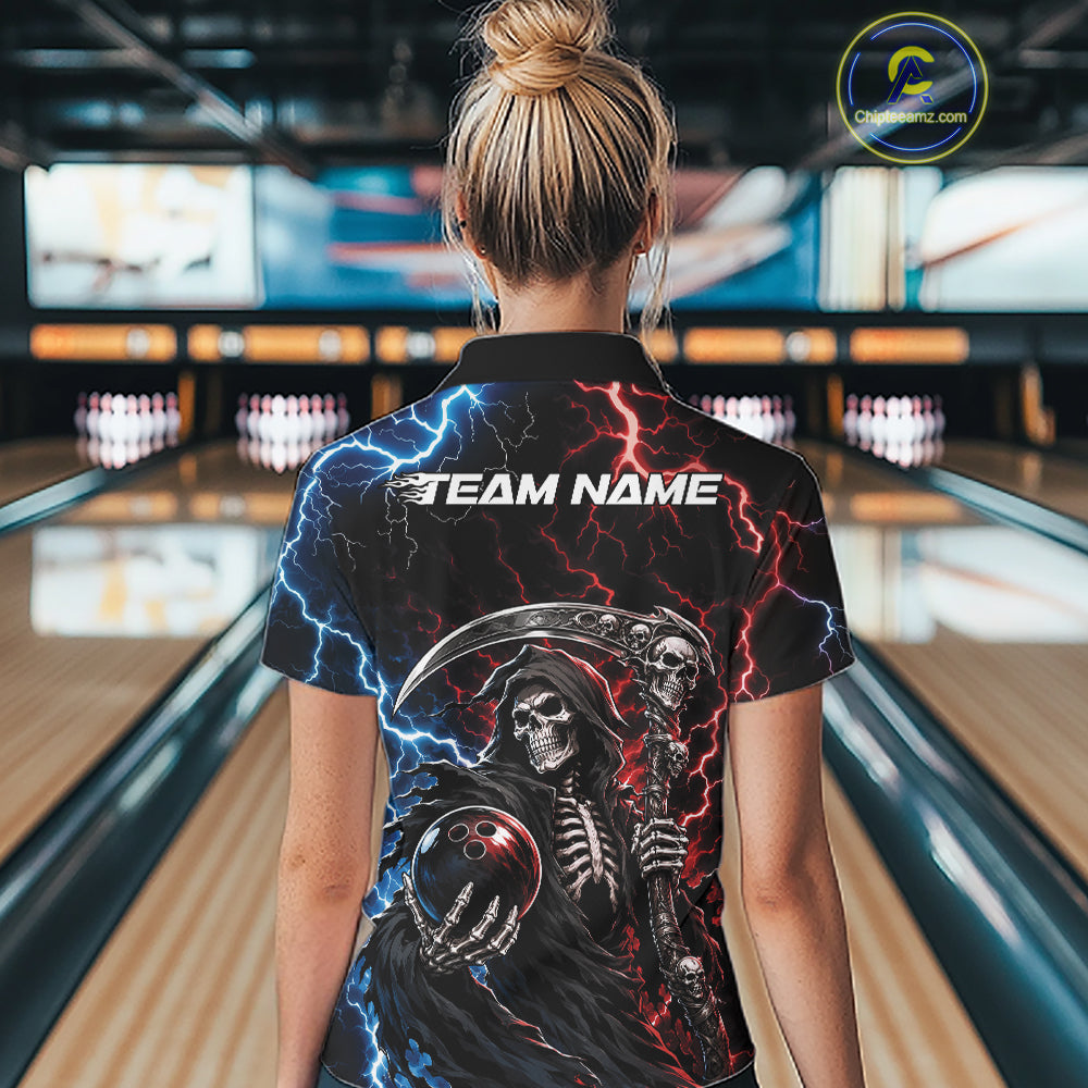A woman viewed from behind wearing a black short-sleeve bowling shirt with a Grim Reaper graphic, lightning effects, and the text 'TEAM NAME' on the back, standing in a bowling alley.