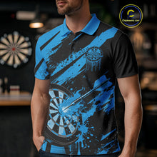 Load image into Gallery viewer, Custom Grunge Black And Blue Dart Jerseys, Flame Dart Tip Hit Bullseye Men Polo Shirt IPHW10059