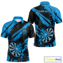 Load image into Gallery viewer, Custom Grunge Black And Blue Dart Jerseys, Flame Dart Tip Hit Bullseye Men Polo Shirt IPHW10059