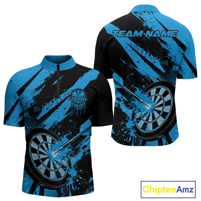 Custom Grunge Black And Blue Dart Jerseys, Flame Dart Tip Hit Bullseye Men Quarter-Zip Shirt IPHW10059