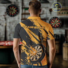 Load image into Gallery viewer, Custom Grunge Black And Yellow Dart Jerseys, Flame Dart Tip Hit Bullseye Men Polo Shirt IPHW10060