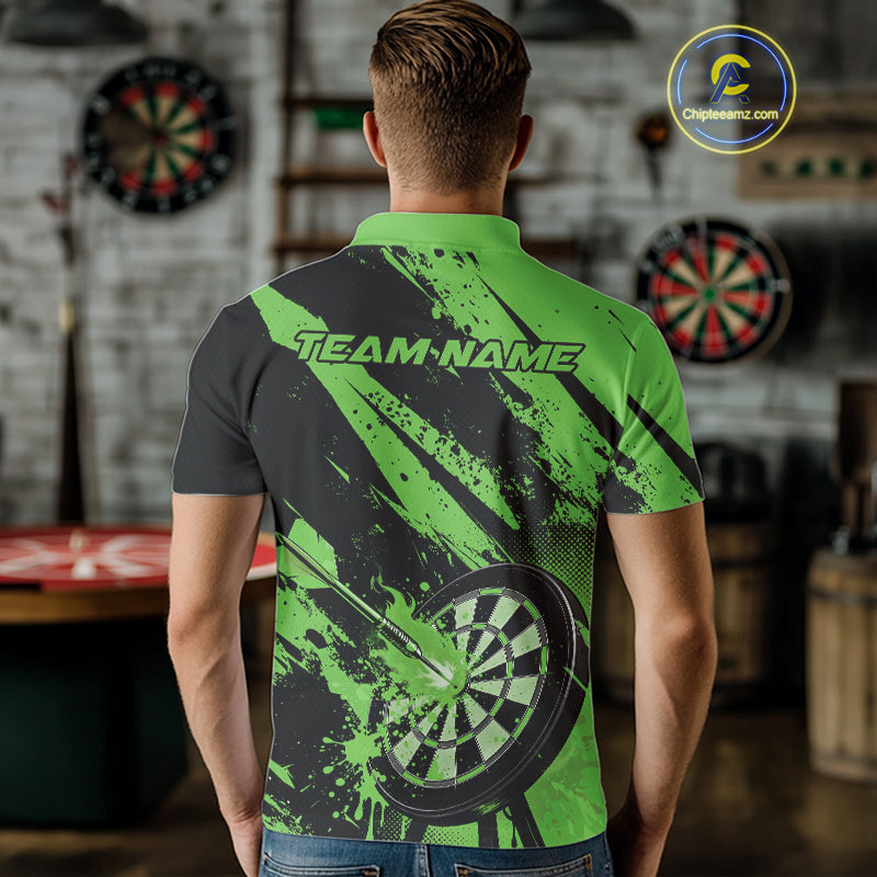 Custom Grunge Black And Green Dart Jerseys, Flame Dart Tip Hit Bullseye Men Polo Shirt IPHW10061