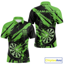 Load image into Gallery viewer, Custom Grunge Black And Green Dart Jerseys, Flame Dart Tip Hit Bullseye Men Polo Shirt IPHW10061
