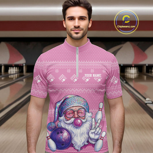 Custom Funny Santa Christmas Men Bowling Quarter-Zip Shirts, Pink Xmas Bowling Team Outfit IPHW10140
