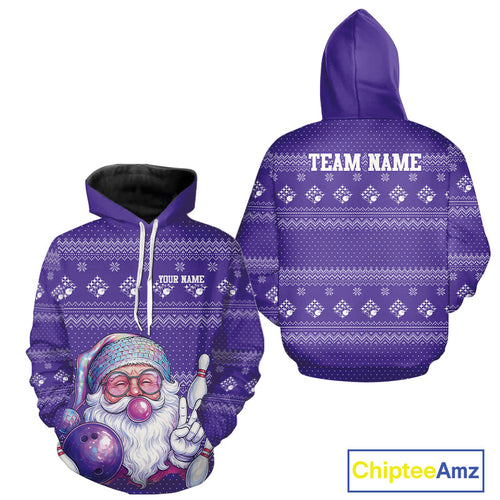 Custom Funny Santa Christmas Men And Women Bowling Hoodie Shirts, Purple Xmas Bowling Team Outfit IPHW10141