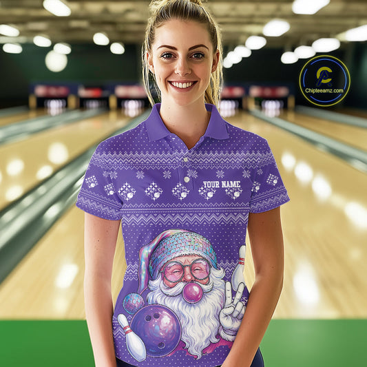 Custom Funny Santa Christmas Women Bowling Polo Shirts, Purple Xmas Bowling Team Outfit IPHW10141