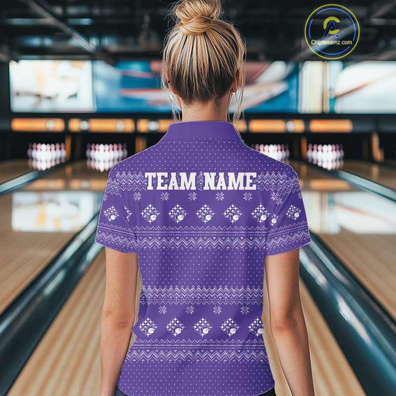 Custom Funny Santa Christmas Women Bowling Polo Shirts, Purple Xmas Bowling Team Outfit IPHW10141