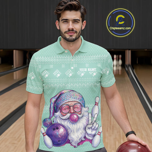Custom Funny Santa Christmas Men Bowling Polo Shirts, Mint Green Xmas Team Outfit IPHW10143