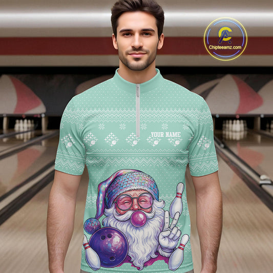 Custom Funny Santa Christmas Men Bowling Quarter-Zip Shirts, Mint Green Xmas Team Outfit IPHW10143