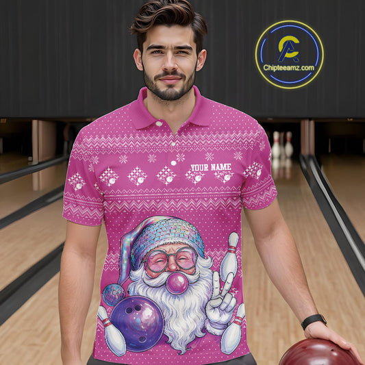 Custom Funny Santa Christmas Men Bowling Polo Shirts, Bright Magenta Xmas Team Outfit IPHW10144
